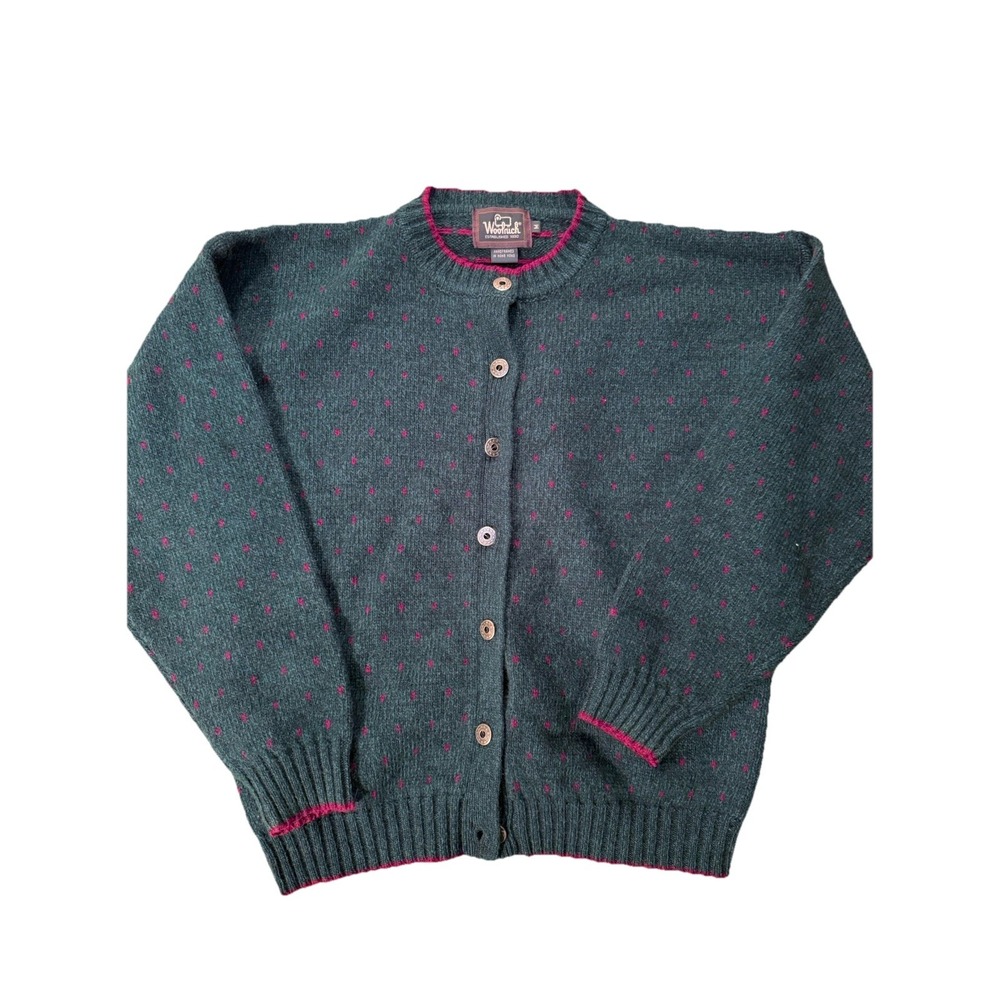 Woolrich Women's VTG Sz M Wool Blend Green Red Button Crewneck Cardigan Sweater